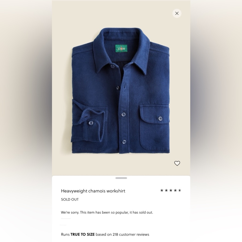 NEW. (With Tags). Men’s Medium J. Crew Heavyweight Chamois Workshirt in Navy